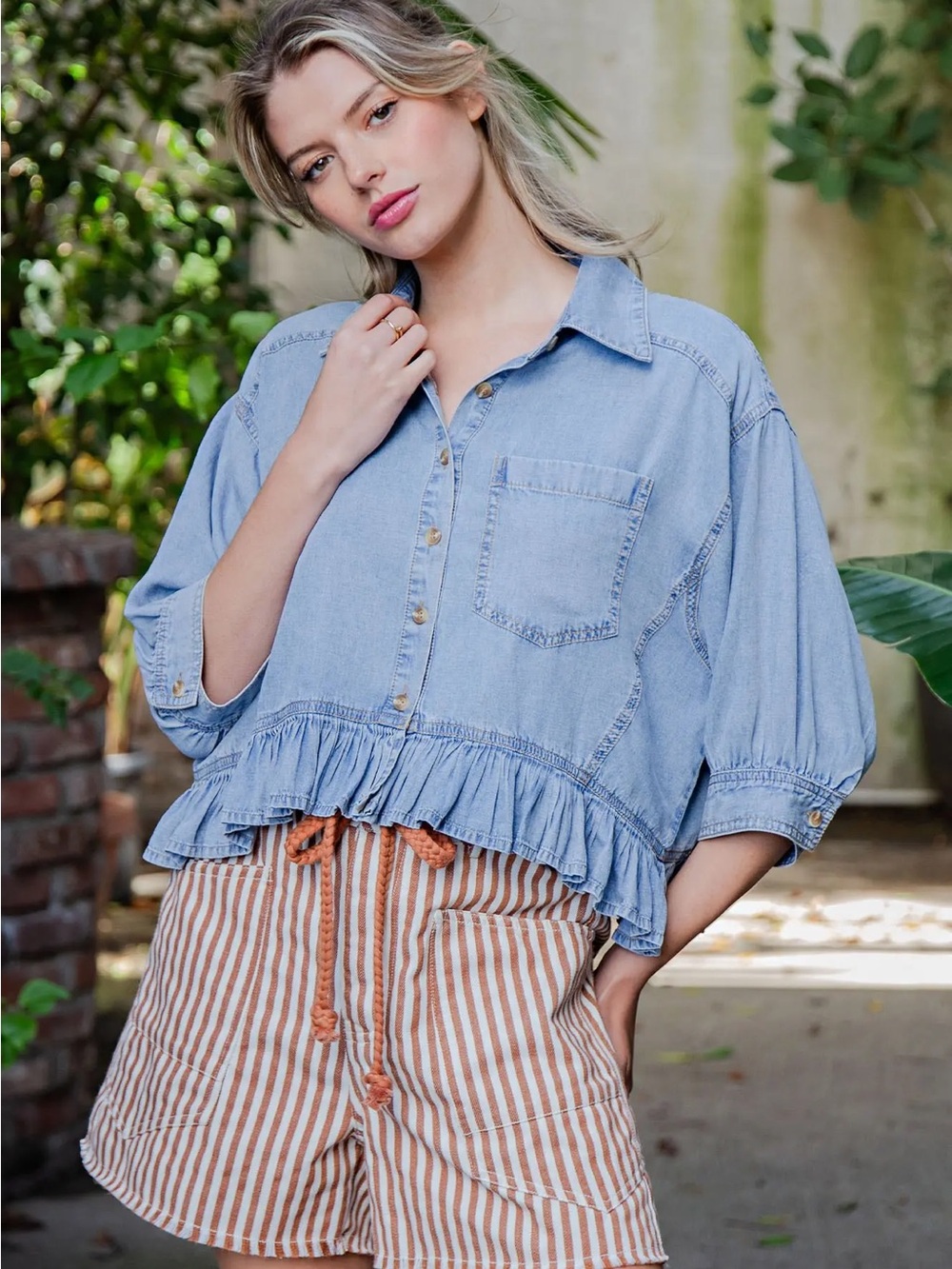 Eesome Tensel Light Blue Denim Ruffle Peplum Hem Button-Up Top NWT S M L
